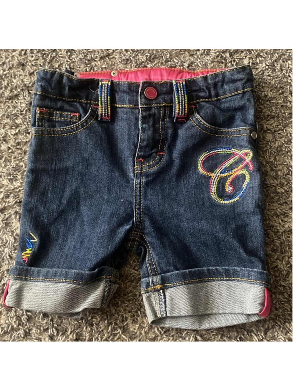 Coogi Shorts Toddler 3T Blue Denim Embroidered Cookie Multicolor Stitching Logo